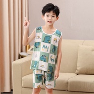 Children cotton silk pajamas boy thin sleeveless vest leisurewear suit儿童棉绸睡衣男童薄款无袖背心家居服套装小男孩人造棉空调服chanww.my 4.10