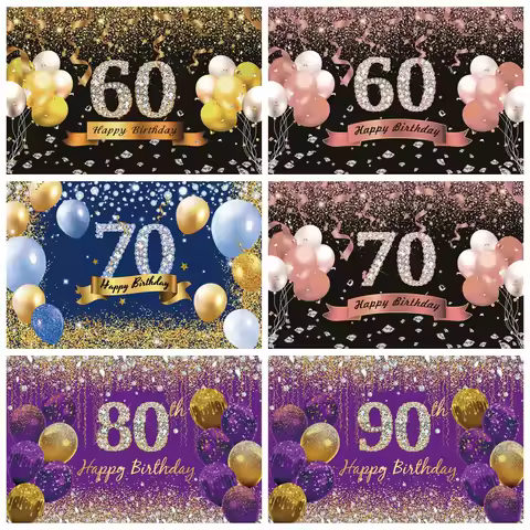 Black and Gold Happy 60 70 80 90th Birthday Backdrop Photography Adults Birthday Party Cake Smash Ba