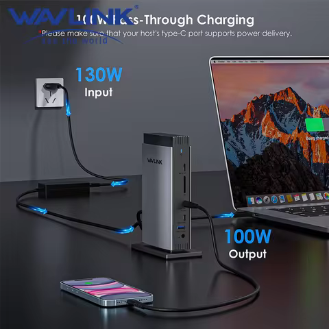 WAVLINK 15 In 1Universal DisplayLink Docking Station 4K+Dual 2K USB C USB 3.0 130W PD Laptop Dock fo
