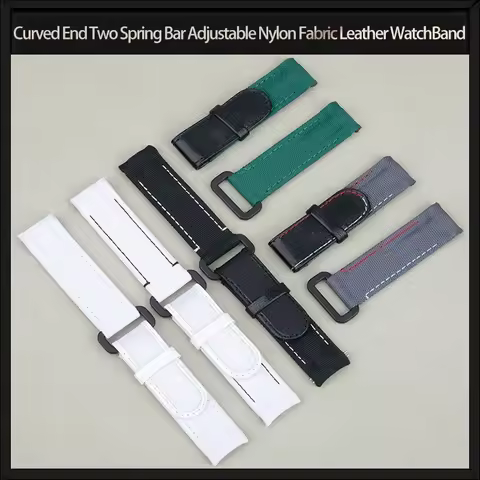 20mm Curved End Two Spring Bar Adjustable Nylon Fabric Leather Black White Watch Band For Rolex Stra