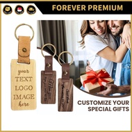 (FOREVER PREMIUM) Personalized Wooden Leather Keychain Name Engraving Wood High Quality Keyring