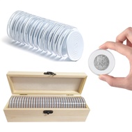 33Pcs 46mm Coin Capsules with Foam Gaskets Coin Case Holder Wooden Coin Box for 19mm/24mm/29mm/34mm/39mm/46mm Coin Collection