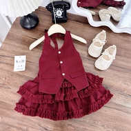 KH43 Set áo yếm vest chun lưng chân váy tầng cho bé gái
