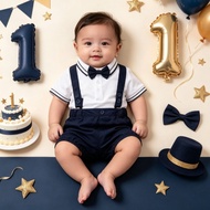 1st Birthday Outfit for Baby Boy Gentleman Romper Shorts Suspender with Bowtie Set Baby Boss Outfit 