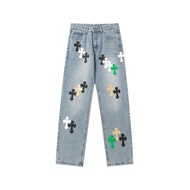 Chrome Hearts Cross Leather Label Silver Washed Unisex Jeans