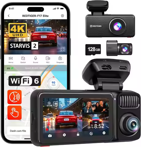 REDTIGER F17 Elite 4K 3 Channel Dash Cam 5.8Ghz Wifi 6 Full Night Color Touch Screen Voice Control C