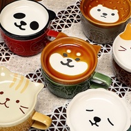 Cartoon Ceramic Mug 5colors Brown Cat Coaster Mug Set Cartoon Coffee Ceramic Mug With Lid Creative Cute Breakfast Mug