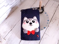不織布刺繡手機袋  哈士奇包包手機袋   黑底手機袋