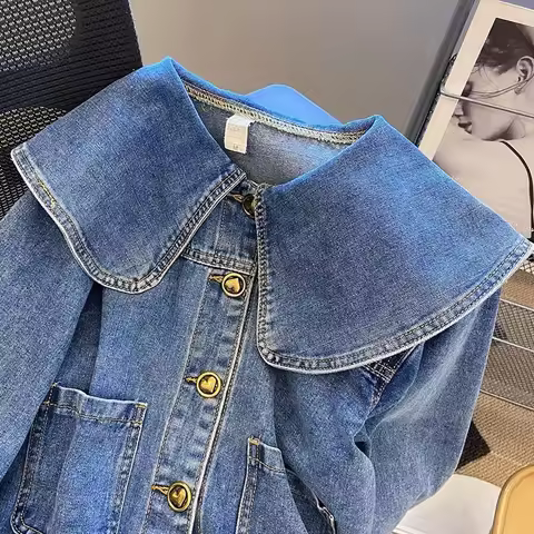 2025 Fashion Peter Pan Collar Denim Jacket Women's Short Coat Jean Casual Top Streetwear Loose Chaqu