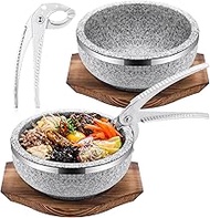 Lallisa 2 Set Dolsot Bibimbap Bowls Stone Bowl with Wood Base and Aluminum Tongs Dolsot Pot Stone Bo
