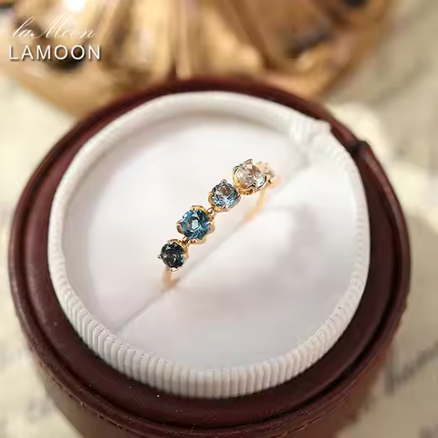 LAMOON Natural Lundon Blue Topaz Ring For Women Gemstone Gardient Blue Rings 925 Sterling Silver Gol
