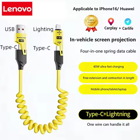 Lenovo 4 in 1 65W Spring Short Data Cable 6A USB Type C Spring Telescopic Quick Charger Wire Spring