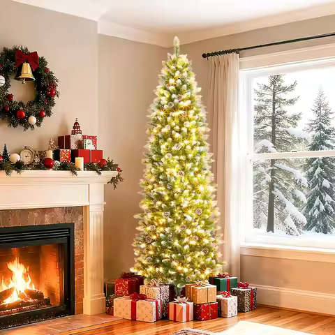 6/7.5/9/12FT Pencil Christmas Tree Pre-Lit Slim Holiday Decoration Skinny Decor LED Lights Metal Sta