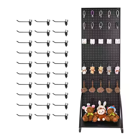 SucceBuy Standing Pegboard Display 23.7 x 66 in with Casters & 30 Hooks Peg Board Panel for Retail S
