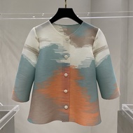 NEW Japan Issey Miyake Chikata Pleated Short Sleeve Summer Plus Size Printed Shirt Womens High-end S