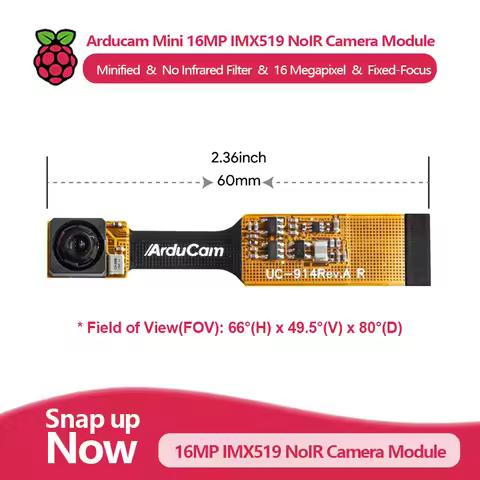 Arducam Mini 16MP IMX519 NoIR Camera Module, 16 Megapixel, compatible with Raspberry Pi 5 and Zero s