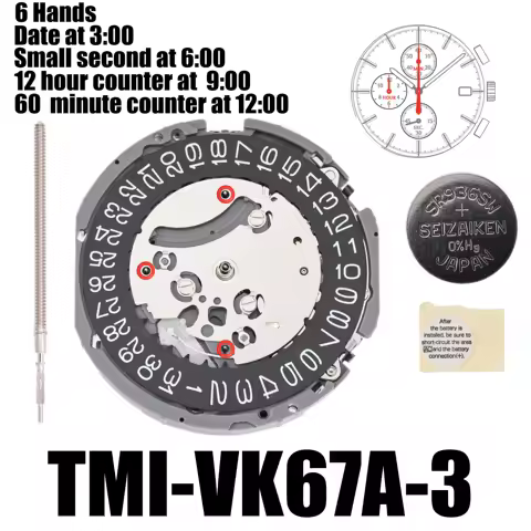 VK67 Movement Japanese TMI VK67 Movement 6 Hands Small second date at 3:00