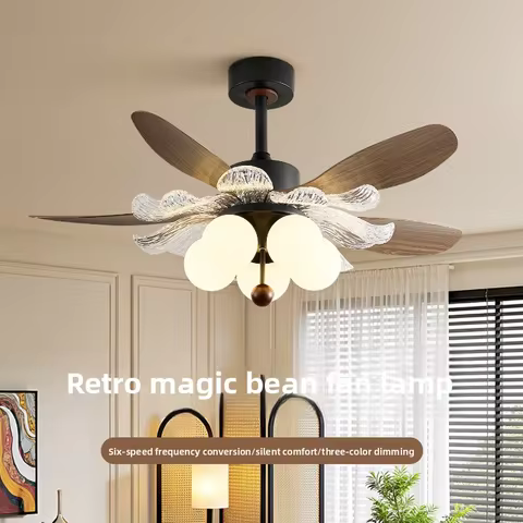 New Style French-Style Magic Bean Ceiling Fan With Lamp Vintage Chinese-Style Hall Ceiling Fan Cream