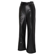 Women Flared Pants Slim High Waist Loose Pockets Faux Leather Elastic Waist Wide Leg Streetwear Soli