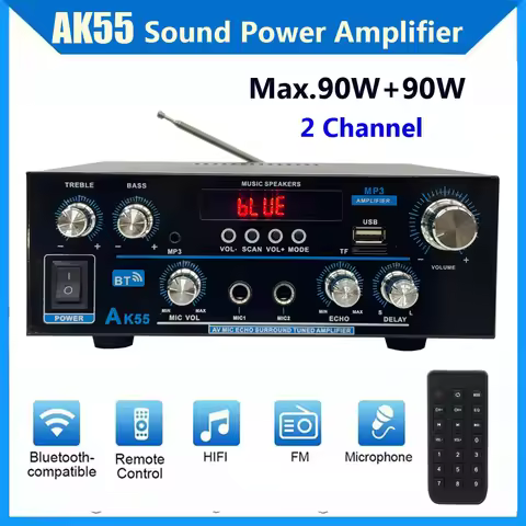 AK55 Amplifier Bluetooth-compatible Music Amplifiers for Home Car Karaoke 2 Channel HiFi Stereo AMP 