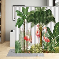 Tropical Jungle Tree Flamingo Cartoon Shower Curtain Palm Leaf Monstera Bathroom Decor Screen Waterproof Bath Curtains With Hook