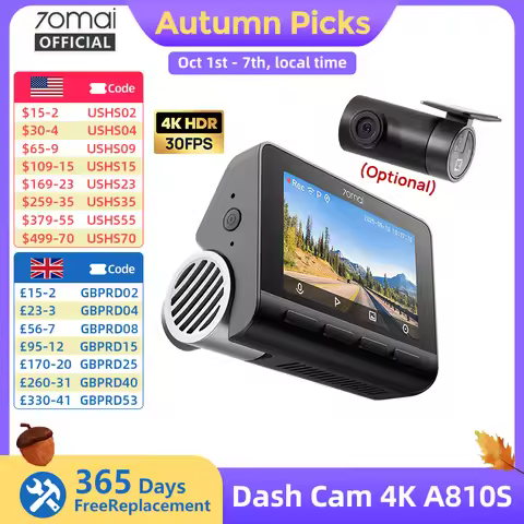70mai Dash Cam A810S 4K HDR GPS ADAS Auto Record Dual-Channel Motion Detection 4G LTE Support Car DV