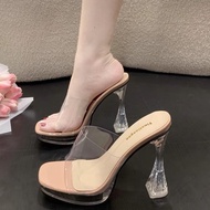 Model Auto Show Catwalk Super High Heel Sandals 2024 Transparent Crystal Heel Thick Heel Flat Strap 