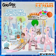 GOOGOO BIRD Cute Llama 4in1 Swing &amp; Slide Indoor / Outdoor Mini Playground With Basketball Hoop And Music Play Set For Kids Papan Gelongsor Kanak-Kanak