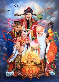 ภาพแต่งบ้าน รูปภาพติดผนัง ภาพมงคล เสริมฮวงจุ้ยภาพเทพเจ้า ฮก ลก ซิ่ว ขนาดภาพ15x21   (38 cm.x 53cm.)