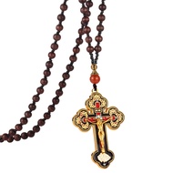 Wood Rosary Beads Cross Necklace Men Prayer Orthodox Crucifix Jesus Pendant Necklace