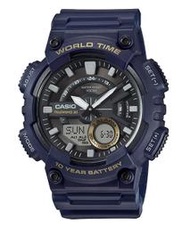 CASIO WATCH 卡西歐悍將世界時間海軍藍雙顯運動電子腕錶 型號：AEQ-110W-2A【神梭鐘錶】
