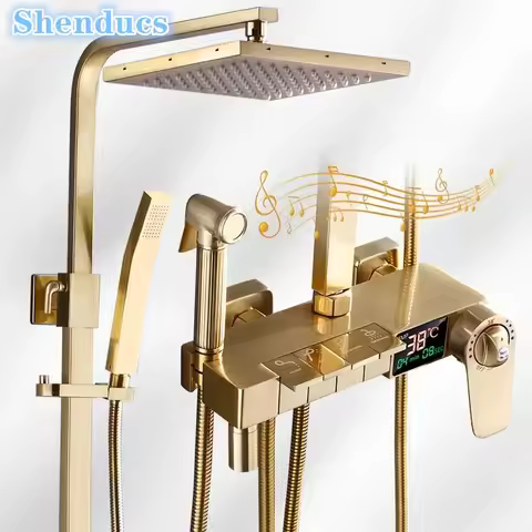Brushed Gold Piano Digital Bathroom Shower Set Rain Shower Head Copper Bathrooom Faucet Accessories 