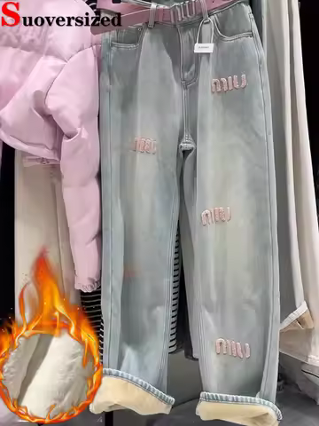 Winter Plush Velvet Lined Wide Leg Jeans Korea Casual Vintage Embroidery Baggy Vaqueros Women High W