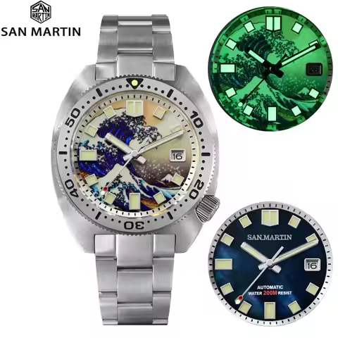 San Martin Men Diver Watch 6105 Wave 3D Printing Full Luminous Kanagawa Surfing Dial NH35 Automatic 