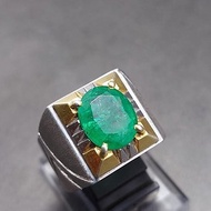 Natural Vivid Green Emerald Mens Ring Sterling Silver 925 Handmade Estate Emeral