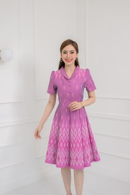 Kety Smile ชุดเดรสผ้าทอ คอปก แต่งขอบเอว กระโปรงบาน8ชิ้น แขนกระบอก อัดกาวทั้งชุด (S-2XL) N608