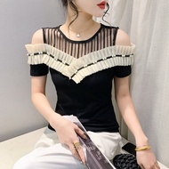 MIOU Off shoulder T-shirt, women's mesh, studded lace, fashionable spicy girl, short sleeved slim fit, versatile Korean top, cotton