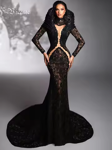 VC Lace Accent Maxi Dress High Neckline Cut-out Tulle Fabric Long Sleeves Floor Length Cocktail Part