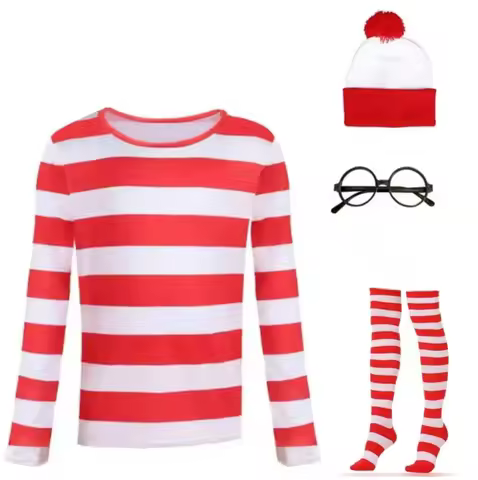 Where's Wally Waldo Cosplay Costume Wallys Long Sleeves Striped Shirt Hat for Women Men Kids Hallowe