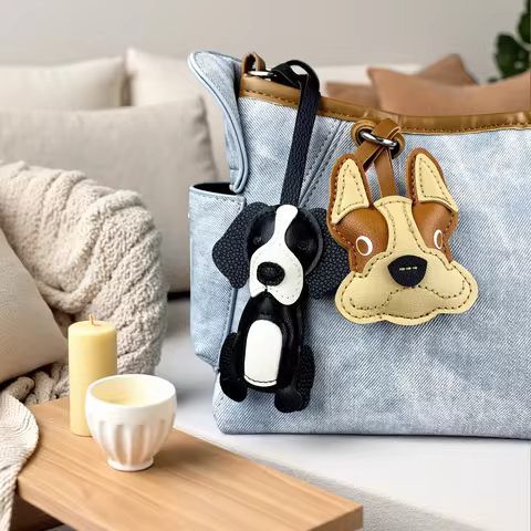 French Bulldog & Beagle PU Leather Bag Charm Keychain Cute Dog Lovers Bag Charm Adorable Handbag Acc