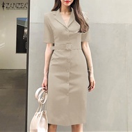 ZANZEA Korean Style Women's Dresses New Fashion Short Sleeved Lapel Belted Office Plain Blazer Dress #11