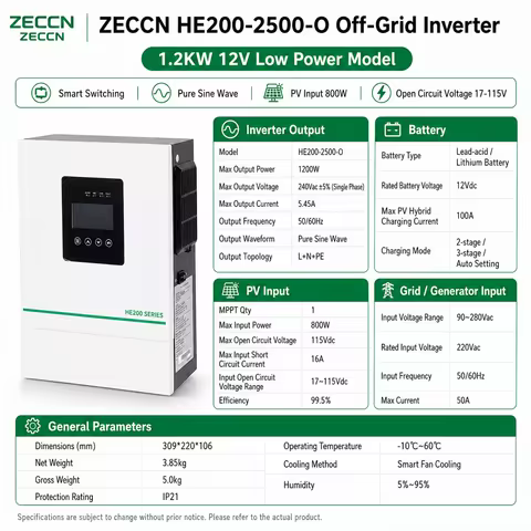 ZECCN 1.2KW 12V Off-Grid All-in-One Solar Inverter, Home Solar Power Hybrid Inverter Built-in MPPT C