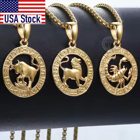 Men's Women's 12 Horoscope Zodiac Sign Gold Color Pendant Necklace Aries Leo Wholesale 12 Constellat