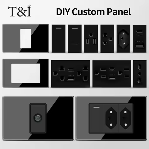 T&I 2x4 inch Tempered Glass Wall Plate – DIY Modular Design with NEMA 5-15R Duplex Outlet and US/EU/