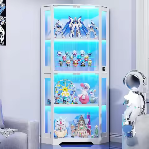 Corner Display Cabinet with Glass Doors, 65" Lighted Curio Display Case with 3 Color Lights for Coll