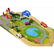 Wooden Train Track Scene Set Toys Elevated With Character Sign Traffic Car House Trees Puzzle Floor