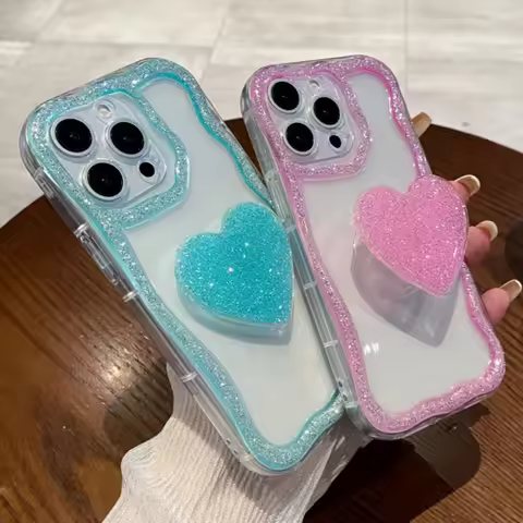 Glitter Diamond Heart Holder Phone Case For iPhone 16 15 14 13 12 11 Pro Max Plus Cute 3D Love Heart