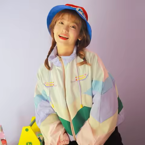 Harajuku Women Pastel Bomber Thick Jacket Cute Embroidery Color Block Duster Souvenir Sukajan Thin J