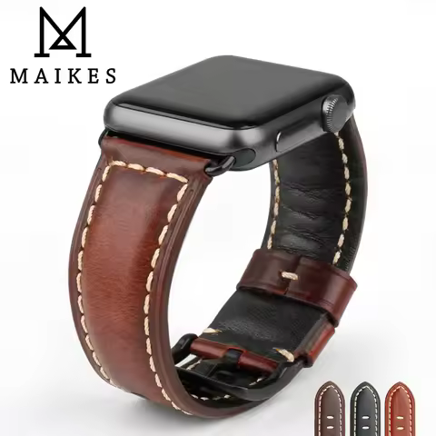 Genuine Leather Watch Strap MAIKES Genuine Leather Watchband For Apple Watch Strap 45mm 41mm 42mm 44