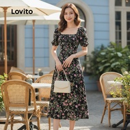 Lovito Women's Floral Ruched Tie Front Split Summer Spring Multicolor Dress L134ED209